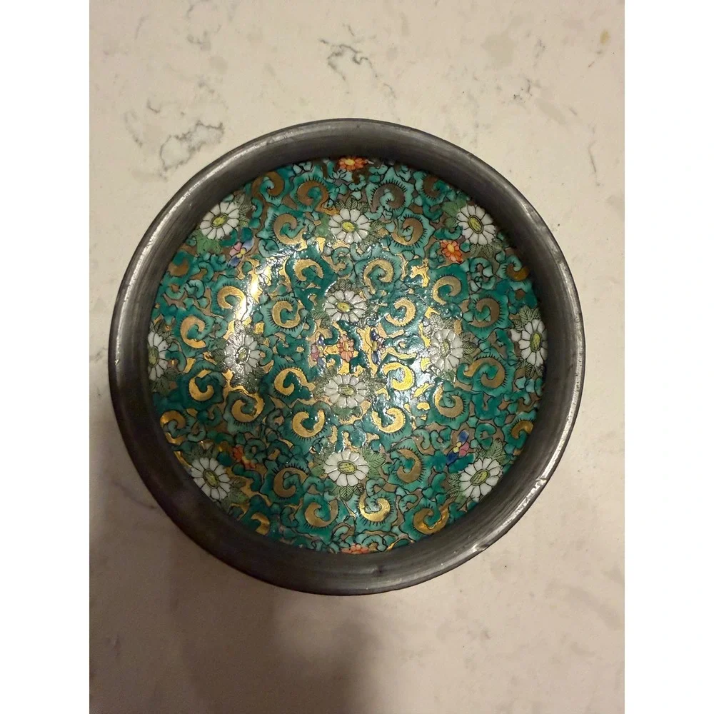 Vintage ACF Japanese Porcelain Ware Pewter Encased Bowl Hong Kong Floral  6